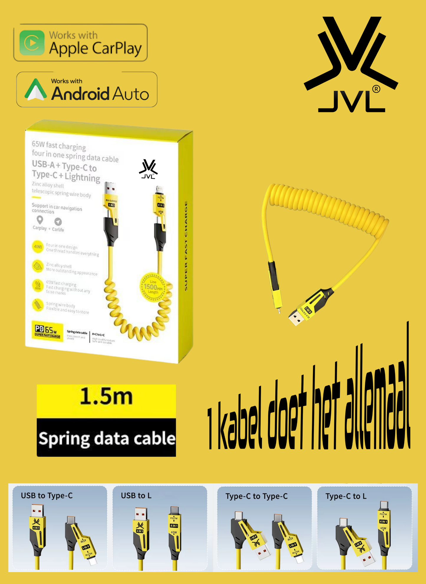 De Ultieme 4-in-1  JVL Oplaadkabel (Retractable)